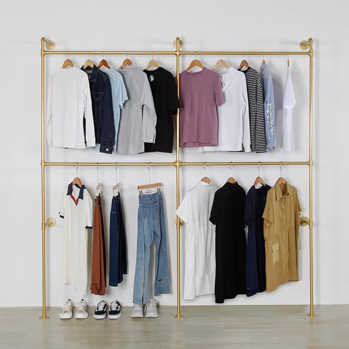 Industrial Pipe Clothes Rack Metal Clothing Store Display Stands Wall Mounted Garment Rack, Heavy Duty Hanging Rod for Closet Storage, 89.8in Gold