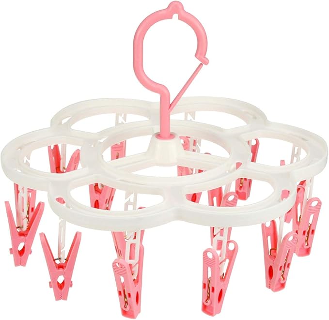 Clothespin Rack Laundry Drying Rack,Clothes Hangers with 16 Clips,Clip Hanger Drip Hanger for Drying Underwear,Baby Clothes,Socks,Bras,Towel,Pants,Hat,Scarf,Cloth Diapers,Gloves (Pink)