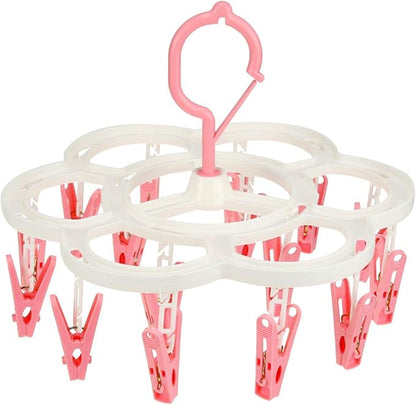 Clothespin Rack Laundry Drying Rack,Clothes Hangers with 16 Clips,Clip Hanger Drip Hanger for Drying Underwear,Baby Clothes,Socks,Bras,Towel,Pants,Hat,Scarf,Cloth Diapers,Gloves (Pink)
