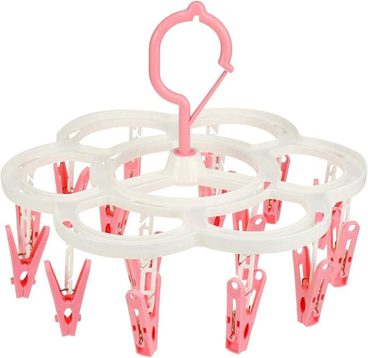 Clothespin Rack Laundry Drying Rack,Clothes Hangers with 16 Clips,Clip Hanger Drip Hanger for Drying Underwear,Baby Clothes,Socks,Bras,Towel,Pants,Hat,Scarf,Cloth Diapers,Gloves (Pink)