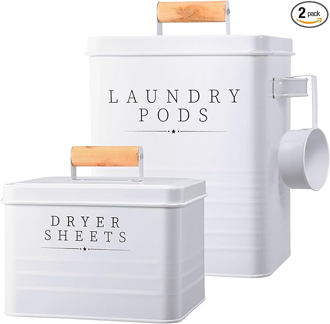 2 Pcs Laundry Pod Container with Dryer Sheet Holder Farmhouse Laundry Room Decor Organization and Storage Detergent Container Box with Lid Handle Metal Dryer Sheet Dispenser(White)