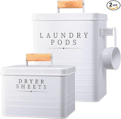 2 Pcs Laundry Pod Container with Dryer Sheet Holder Farmhouse Laundry Room Decor Organization and Storage Detergent Container Box with Lid Handle Metal Dryer Sheet Dispenser(White)