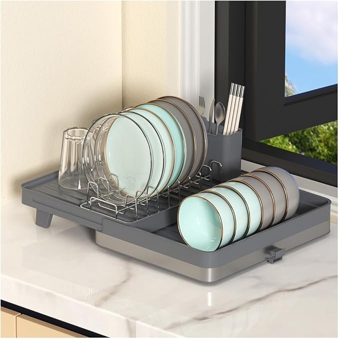 YOJIA Stainless Steel Dish Drying Rack, Extendable Dish Drainer Rack, Drainboard, Detachable Cup Shelf, Rustproof Multifunctional Organizer for Kitchen Counter, Cup Holders, Utensil Holder (14-Grey)