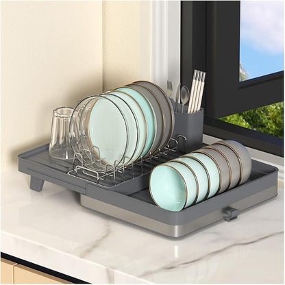 YOJIA Stainless Steel Dish Drying Rack, Extendable Dish Drainer Rack, Drainboard, Detachable Cup Shelf, Rustproof Multifunctional Organizer for Kitchen Counter, Cup Holders, Utensil Holder (14-Grey)
