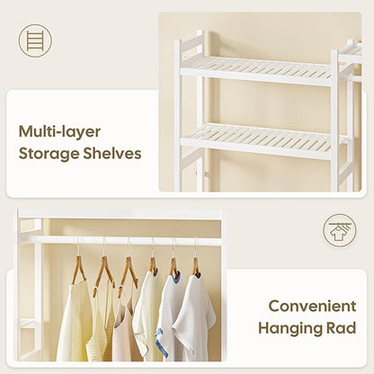 Over The Washer and Dryer Storage Shelf Bamboo,5 Tiers Laundry Room Drying Rack with Adjustable Shelves and 4 Hooks,Space Saver Organizer for Hanging Clothes and Towels (White)