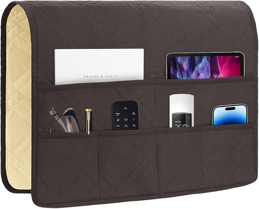 HADEEONG Couch Armrest Organizer Remote Control Holder Bedside Caddy with 6 Pockets, Non-Slip Armchair Caddy Sofa Armrest Organizer for Tv Remote Control, Magazine, Cell Phone, Chocolate