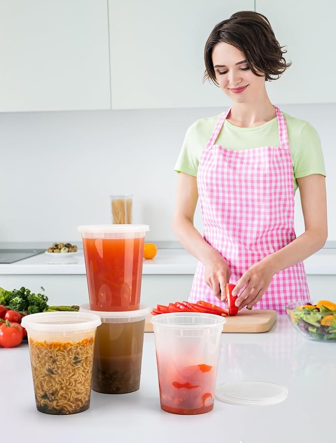 UMT Plastar 50 Pack 32 oz Plastic Food Containers with Lids BPA Free Stackable Leakproof Deli Containers for Meal Prep Slime Soup Microwave Freezer Dishwasher Safe