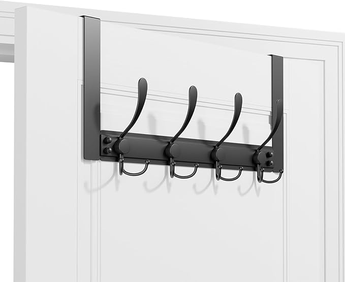 BAKON Over The Door Towel Rack with 4 Triple Hooks, Heavy Duty Over Door Hooks for Bathroom Closet Laundry Room Home Organizer, Door Hanger Coat Rack for Hanging Clothes Backpack Purse (1, Black)