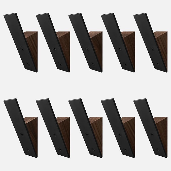 Homeforia Walnut Wood Coat Hooks, High End Walnut Wood & Black Metal Wall Mounted Coat Hook, Mid-Century Modern Clothes Hooks, Heavy Duty Wooden Hook for Hanging Coats, Hats, Towels & More, Set of 10