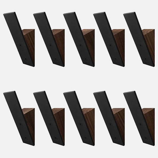 Homeforia Walnut Wood Coat Hooks, High End Walnut Wood & Black Metal Wall Mounted Coat Hook, Mid-Century Modern Clothes Hooks, Heavy Duty Wooden Hook for Hanging Coats, Hats, Towels & More, Set of 10