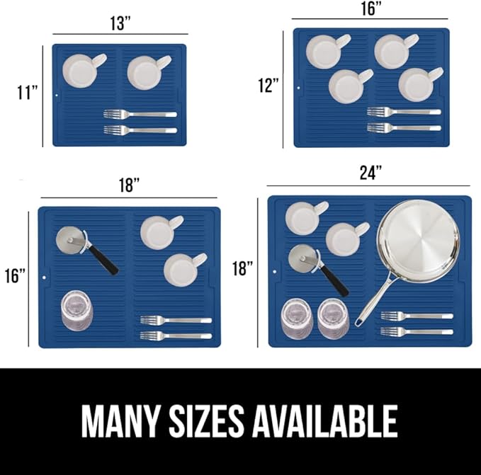 GORILLA GRIP 100% BPA-Free Patented Silicone Dish Drying Mat for Kitchen Counter, 18x24 Inch, Water Catching Ribbed Design, Easy Clean Waterproof Sink Liner, Heat Resistant, Fits Under Rack, Blue