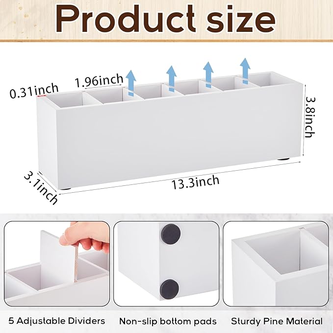Jetec Wooden Pencil Pen Holder for Desk 6 Compartments Wood Office Desk Organizers for Countertop Adjustable Makeup Brush Organizer Silverware Caddy for Party, Home, Art Supplies(White)