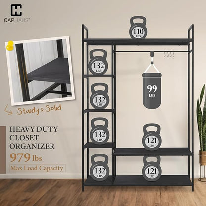 CAPHAUS 979lbs Capacity Heavy Duty Clothing Rack 48" W Metal Garment Rack with Drawers Hanging Rods and Wood Shelves Freestanding Closet Organizer, Black Board