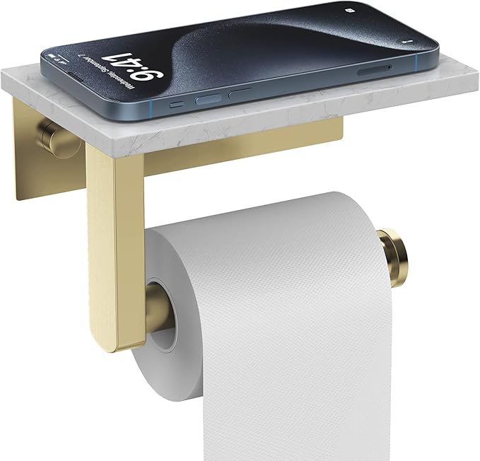 Marble Toilet Paper Holder with Shelf, Evolvegoods Brushed Gold Bathroom Toilet Paper Holder Wall Mount, 304 Stainless Steel Modern Toilet Paper Roll Holder Storage Tissue Holder