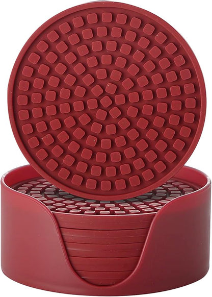 Colinda Silicone Drink Coasters with Holder, Set of 6, Outdoor Cup Mat for Hot or Cold Drinks, Thickened, Non-Slip,Non-Stick, Merlot Red