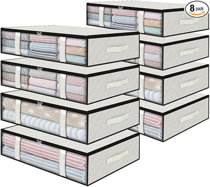 StorageRight Under Bed Storage Bins, 8-Pack 40L Foldable Fabric Storage Bags with Transparent Window, Breathable Organizer for Clothes/Blanket/Comforter/Quilt, White