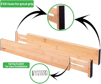 Adjustable Bamboo Drawer Dividers Organizers Expandable (12-16") Kitchen Drawer Organizer Spring Loaded for Kitchen, Dresser, Bathroom, Bedroom, Desk 6-pack Small