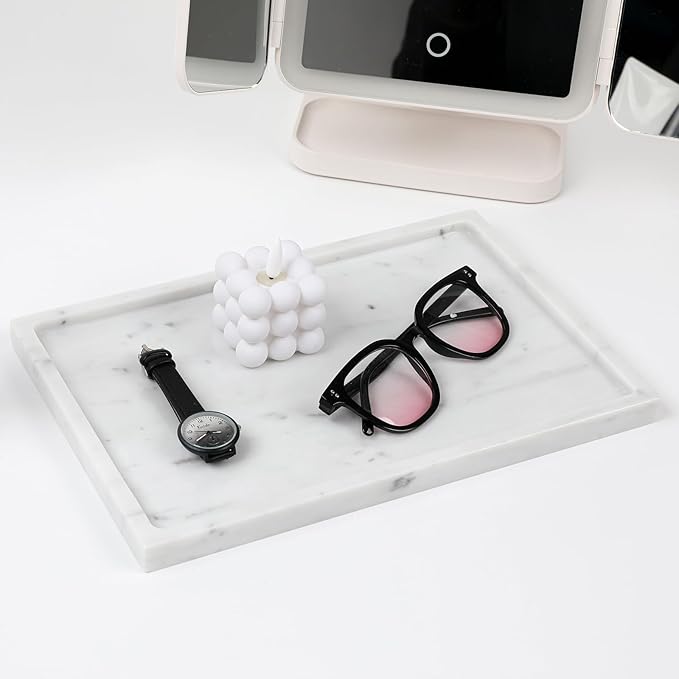 Faticdorr Carrara White Marble Tray, Marble Vanity Tray, Bathroom, Decor for Trinket Perfume Jewelry Candle, Large, 12 Inch Rectangular