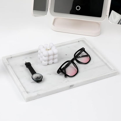 Faticdorr Carrara White Marble Tray, Marble Vanity Tray, Bathroom, Decor for Trinket Perfume Jewelry Candle, Large, 12 Inch Rectangular