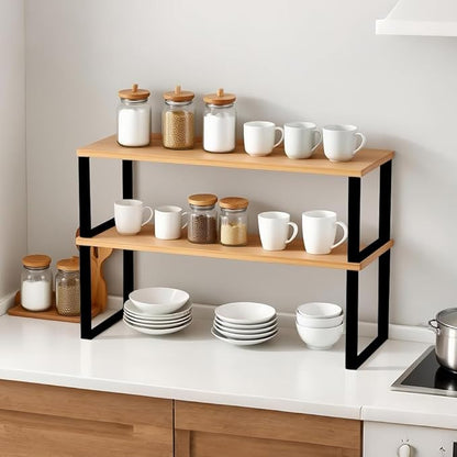 Kitchen Cabinet Organizer Shelf, Set of 2 Stackable Counter Shelves, Small Wood Cabinet Riser Shelf for Pantry Cupboard Spice Dish Mug Cup, Expandable, Metal Engineered Wood (Beige & Black, 15.6''W)