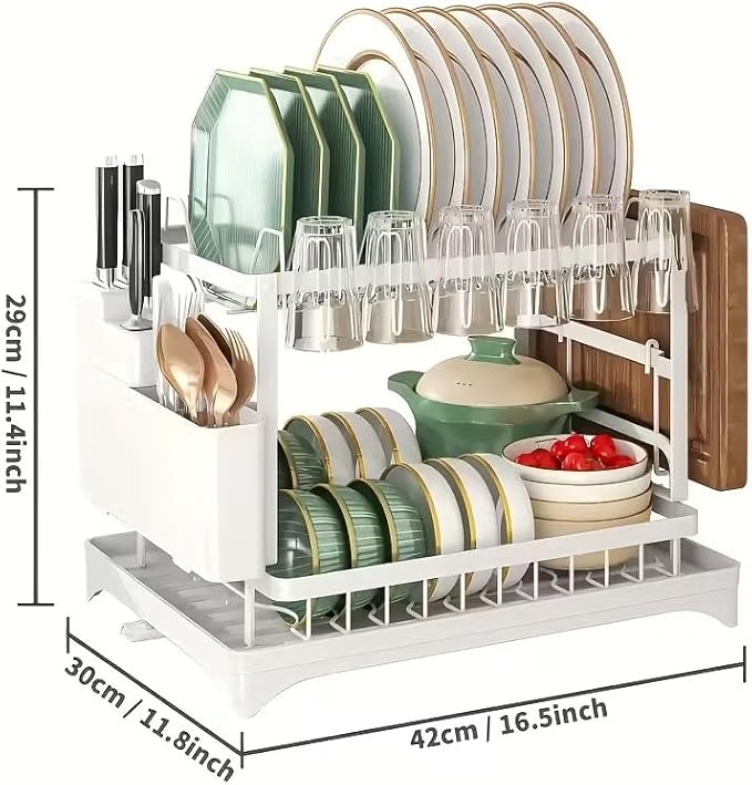 2-Tier Dish Drying Rack - Stainless Steel Dish Racks for Kitchen Counter, Space-Saving Kitchen Counter Organizer with Cutlery/Cup Holders & Draining Tray, Rustproof Multifunctional Drainer (White)