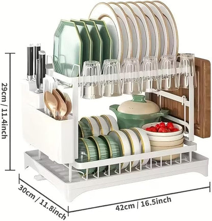 2-Tier Dish Drying Rack - Stainless Steel Dish Racks for Kitchen Counter, Space-Saving Kitchen Counter Organizer with Cutlery/Cup Holders & Draining Tray, Rustproof Multifunctional Drainer (White)