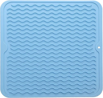 Silicone Dish Drying Mat for Multiple Usage,Easy clean,Eco-friendly,Heat-resistant Silicone Mat for Kitchen Counter or Sink,Refrigerator or Drawer liner Light Blue M 12 inches x 12 inches