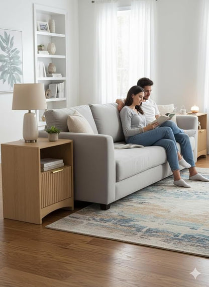 Pipishell Nightstand with Charging Station, Fluted Bedside Table with Storage & Drawer, Modern End Tables with USB & AC Outlets, Small Wood Night Stand for Bedroom, Light Oak