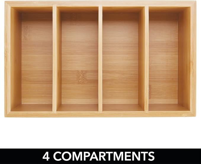 mDesign Bamboo Wood Compact Food Storage Organizer Bin Box - 4 Divided Sections - Holder for Seasoning Packets, Pouches, Soups, Spices, Snacks - Natural