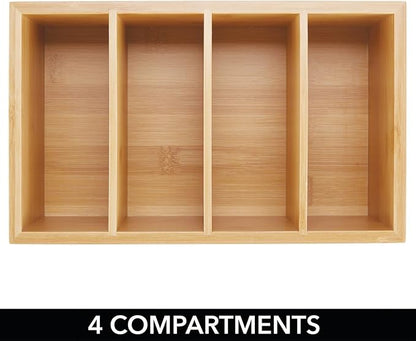 mDesign Bamboo Wood Compact Food Storage Organizer Bin Box - 4 Divided Sections - Holder for Seasoning Packets, Pouches, Soups, Spices, Snacks - Natural