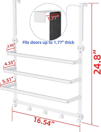 Over The Door Towel Rack, Over Door Towel Racks for Bathroom Door with 5 Hooks, 3 Tier Towel Storage Hanger Holder for Bathroom Accessories, 16 Inch Towel Bar for Hanging Towels, White