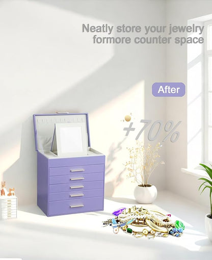 BOOVO Jewelry Box with Necklace Hanger – 6 layer Jewelry Organizer for Women with 5 Drawers, Large Jewelry Storage Boxes –Jewelry Organizers and Storage for Earrings, Necklaces (Purple, 6 layer)