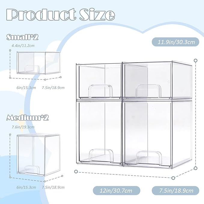 Baby Bottle Organizer-4 Pack Stackable Storage Drawers, Baby Organizers and Storage with Hooks, Clear Acrylic Multipurpose Bottle Storage for Countertop,Kitchen,Cabinet,Vanity,Bathroom