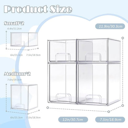 Baby Bottle Organizer-4 Pack Stackable Storage Drawers, Baby Organizers and Storage with Hooks, Clear Acrylic Multipurpose Bottle Storage for Countertop,Kitchen,Cabinet,Vanity,Bathroom