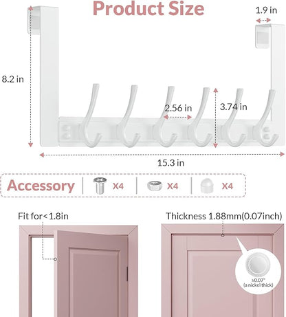 BAKON Over The Door Hooks with 6 Hook, Heavy Duty Over Door Hanger for Hanging Clothes Coat Hat Jacket, Door Coat Rack for Bathroom Closet Laundry Bedroom Kitchen Living Room Home Organizer(1, White)