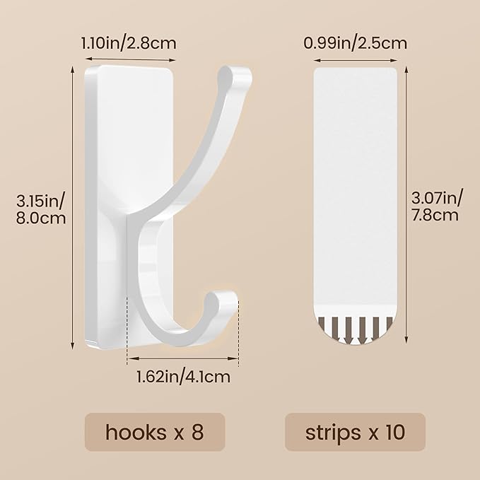 pickpiff Adhesive Wall Hooks with Strip - No Residue, Easy to Remove, Strong Heavy Duty Sticky Towel Hook, 8 Pack White
