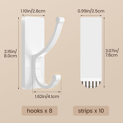 pickpiff Adhesive Wall Hooks with Strip - No Residue, Easy to Remove, Strong Heavy Duty Sticky Towel Hook, 8 Pack White