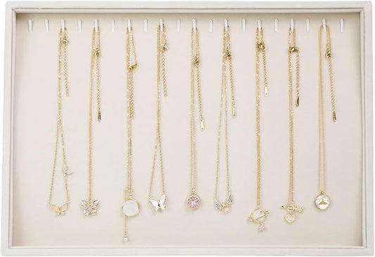 Stratalife Necklace Organizer Stackable Jewelry Organizer 20 Hooks Large Jewelry Tray Necklaces Holder Bracelet Storage for Women Girls Velvet (Beige Necklace Tray)