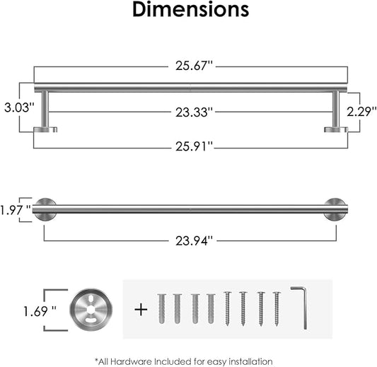 FORIOUS Towel Racks for Bathroom Wall Mounted, Stainless Steel Bathroom Towel Rack 24 Inch, Includes Wall Mounting Hardware (Brushed Nickel, Total Length 26-Inch), 2 Pack