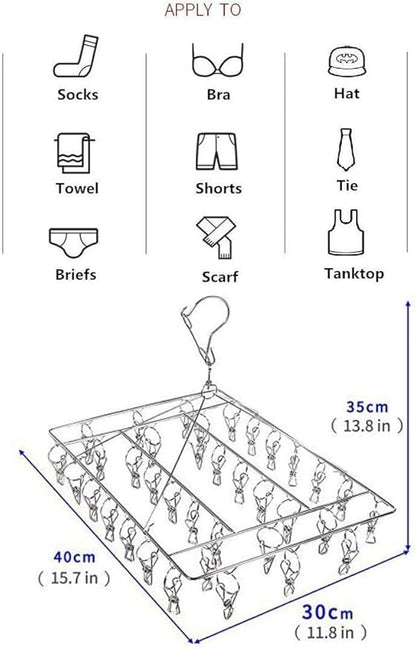 Stainless Steel Sock Drying Rack with 36 Clips, Swivel Hook Wind-Proof Clothes Hanger Rack for Sock, Bras, Underwear, Laundry Accessories