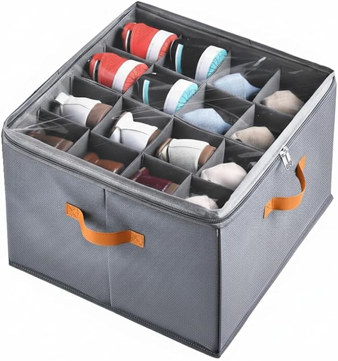 Yagizaai Foldable Shoe Organizer Box for Closet & Under-Bed, Adjustable Dividers, Holds up to 16 Pairs, Stackable, Gray with Clear Cover & Leather Handles, 17x17x12 inch
