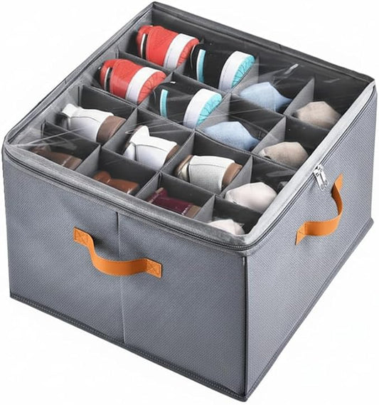 Yagizaai Foldable Shoe Organizer Box for Closet & Under-Bed, Adjustable Dividers, Holds up to 16 Pairs, Stackable, Gray with Clear Cover & Leather Handles, 17x17x12 inch
