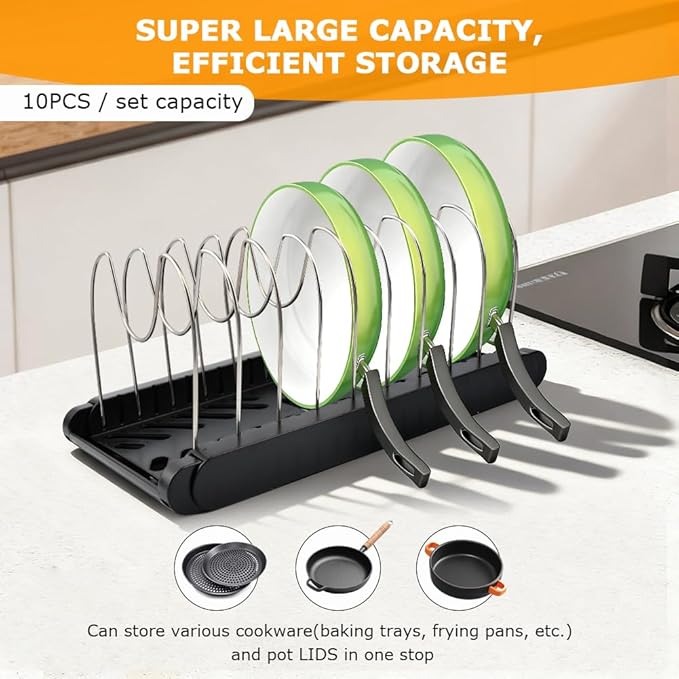 DiQiRenQin Pot and Pan Organizer, Expandable Pan Organizer for Cabinet, Pot Lid Holder with 10 Adjustable Compartments for Kitchen Cabinet Cookware Baking Frying Rack(Black)