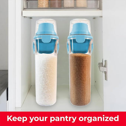 Two Pack Food & Cereal Storage Container - 2.6L Airtight Plastic Kitchen Organizer Bin with Pouring Spout, Measuring Cup Lid, Ideal for Dry Food, Rice, Sugar, Pet Food dispenser - BPA free (Blue)