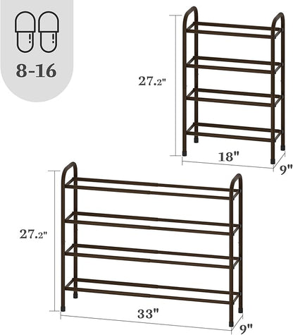 Expandable Shoe Rack, 4-Tier Metal Small Shoe Rack, Adjustable Shoes Organizer, Storage Shelf for Closet, Entryway, Brown