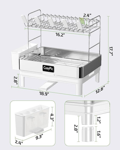 CosyPic 2 Tier Dish Drying Rack, Thicker Premium 304 Stainless Steel Dish Racks for Kitchen Counter, Automatic Drainage Spout, Dish Drainer & Drainboard Set with Utensil Holder and Cup Holder, White