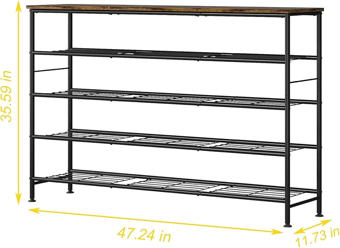 SUOERNUO Shoe Rack 5 Tier Shoe Storage Organizer Metal Mesh Shelves with MDF Top Board for Entryway, Hallway, Closet,Bedroom，Living Room (Black+Rustic Brown, Large 5 Tier)