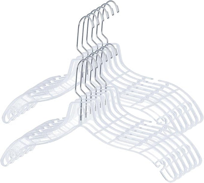 VWV 12pcs Clear Plastic Hangers: Shirt, Skirt, Sweater, Suit, Jacket Hangers with Non-Slip Grooves, Heavy Duty, Clear Color, Metallic Finish