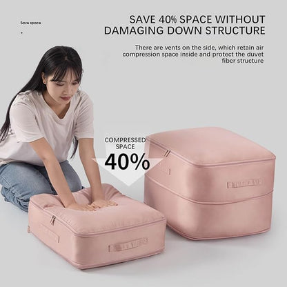 HEVOY Ultra Space Saving Self Compression Organizer, Self Compression Storage Bags, Foldable Closet Organizers Storage Tote, Moving Bag Containers with Handle for Comforters, Blankets (Pink, Large)