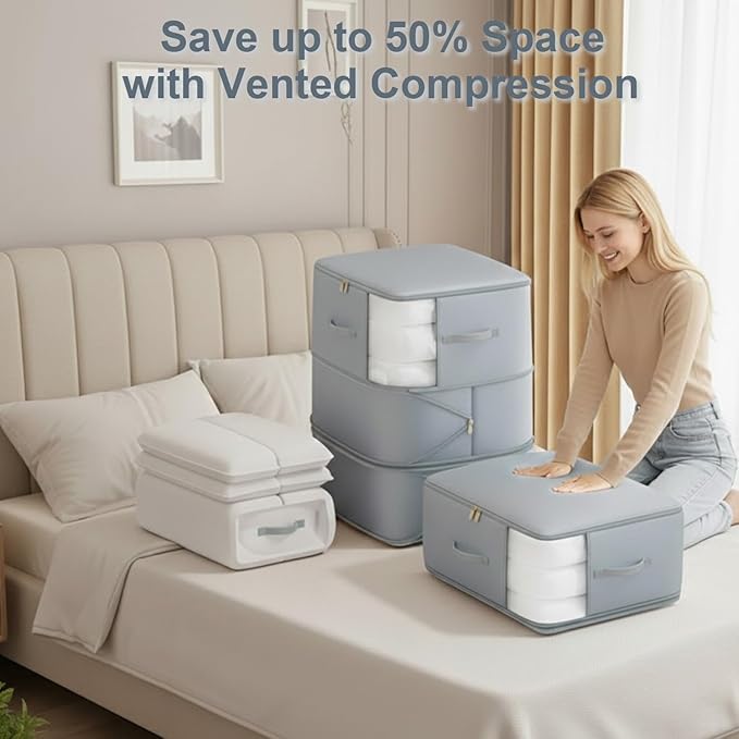 135L Jumbo Self-Compressing Storage Bags for Comforters and Blankets, Space-Saving Closet Organizers and Storage, Durable Bedding Storage Bags, 2 Pack